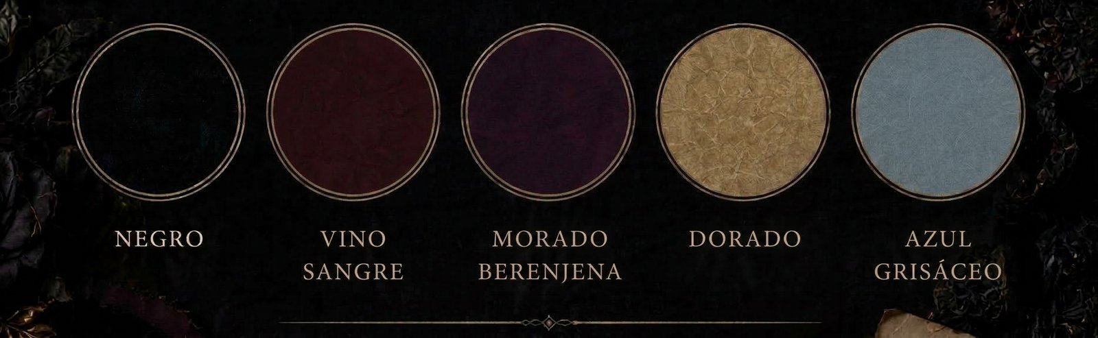 Negro, vino sangre, morado berenjena, dorado y azul grisáceo